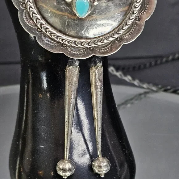 Navajo Turquoise And Coral Sterling Silver Bolo Tie Native American Vintage - Picture 3 of 11